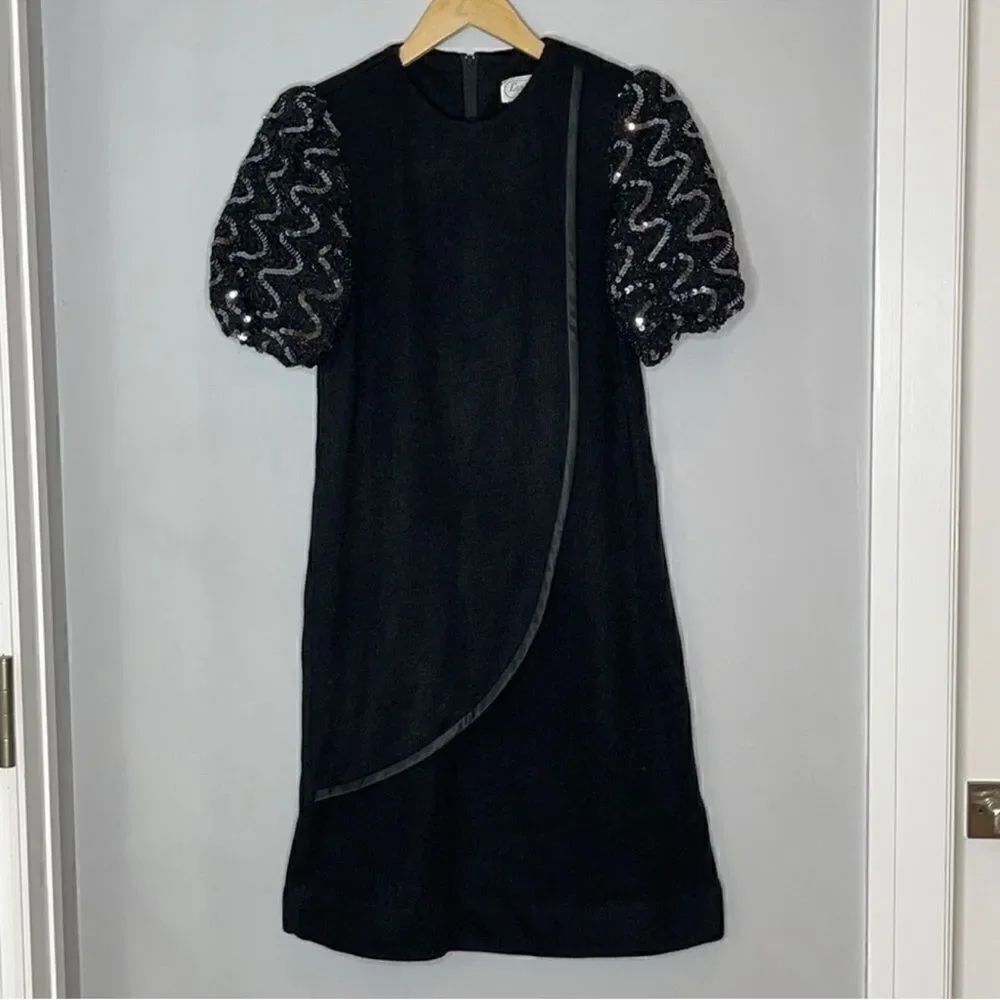 Leslie Fay Black Mini Dress with Sequin Puff Sleeves